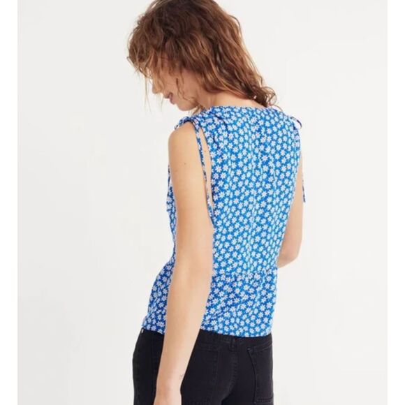 Madewell Bell Blue White Mini Daisy Pattern Tank Top Ruched Shoulder No Sz Tag - Picture 9 of 9